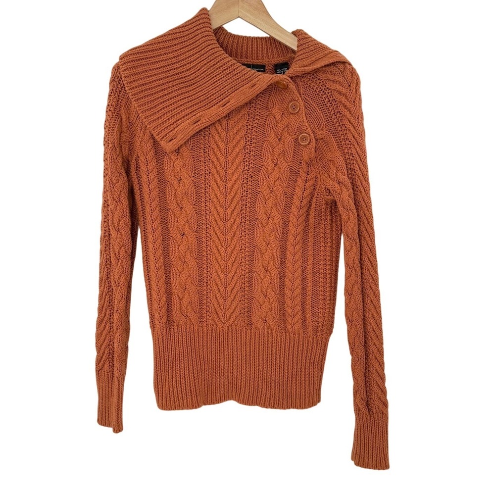 Moda International Burnt Orange Cable Knit Asymmetrical Button Collar Sweater‎ S